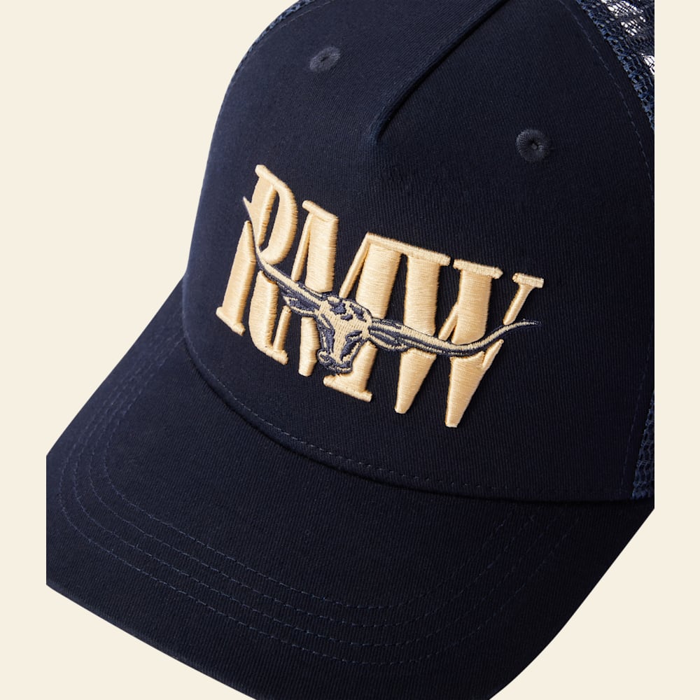 R.M.Williams Steers Head Trucker Cap: Breathable Organic Cotton, Navy Twill