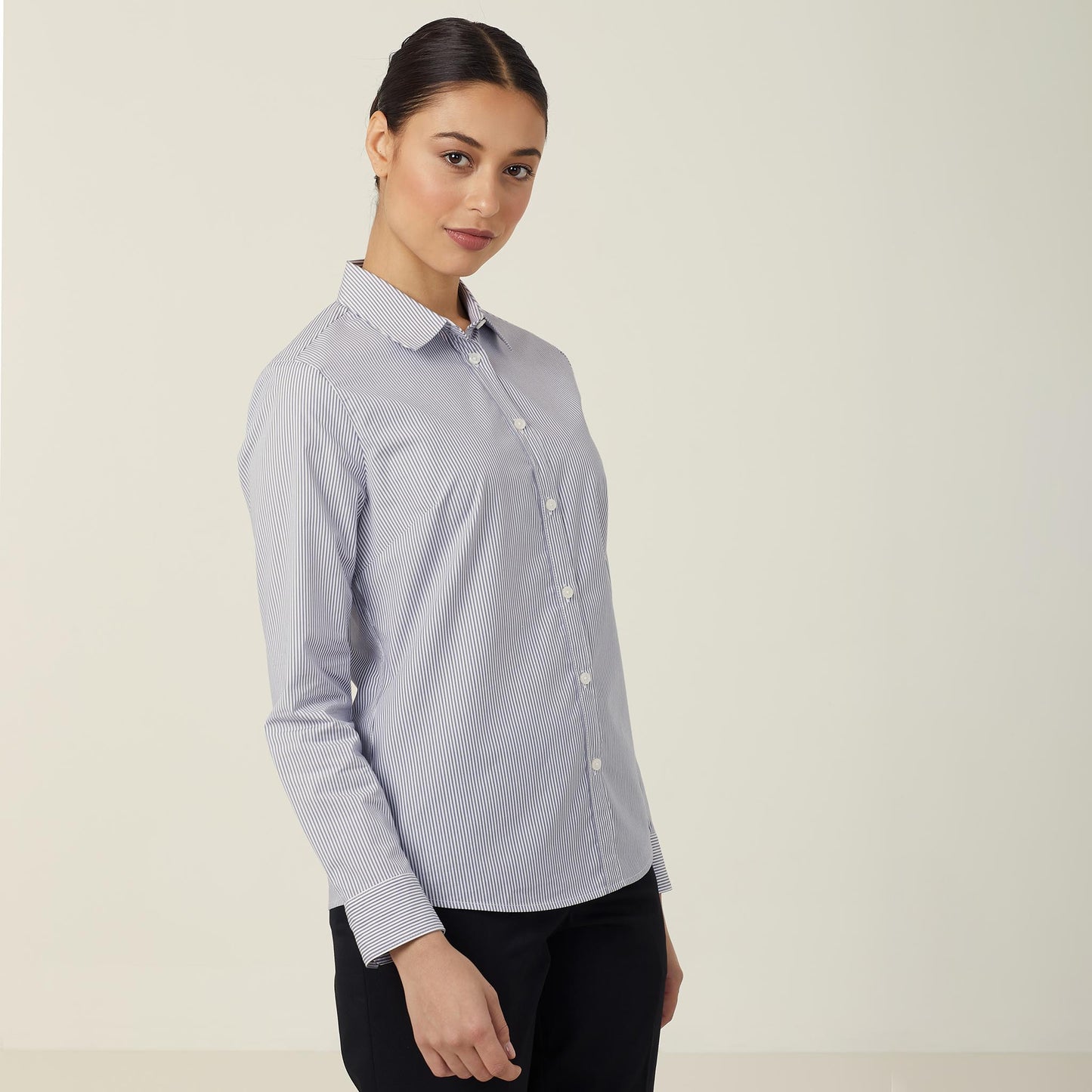 NNT Women's Avignon Fine Stripe Stretch Long Sleeve Work Shirt Grey/White