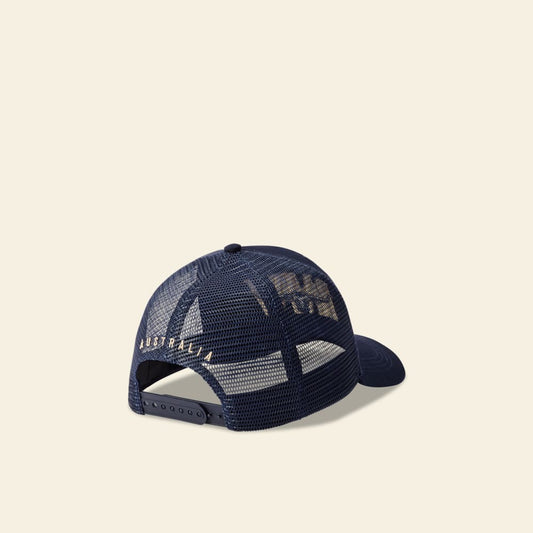 R.M.Williams Steers Head Trucker Cap: Breathable Organic Cotton, Navy Twill