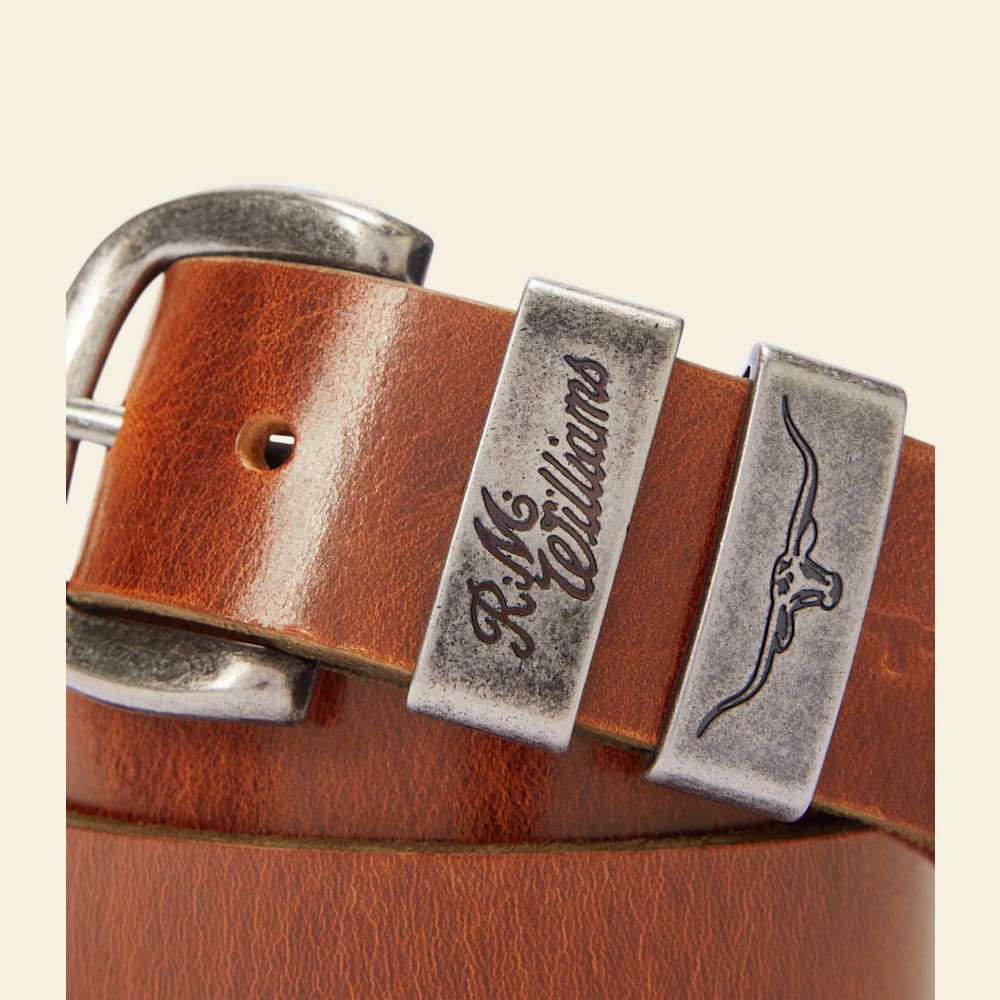 R.M.Williams Drover Solid Hide Leather Belt - Mid-Brown, Double Keepers