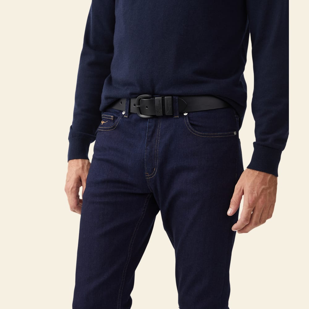 R.M.Williams Black Drover Leather Belt with Matte Black Buckle - Durable Cowhide