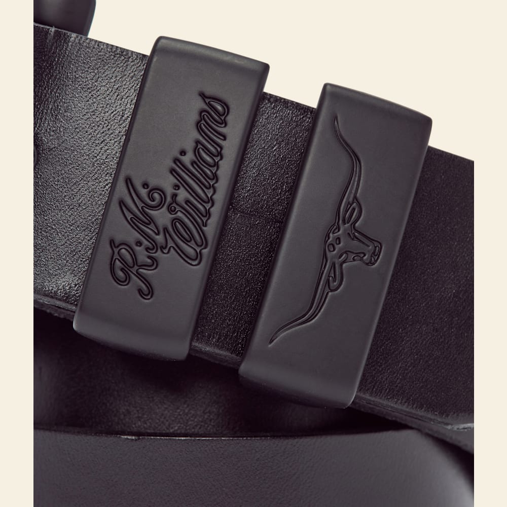 R.M.Williams Black Drover Leather Belt with Matte Black Buckle - Durable Cowhide