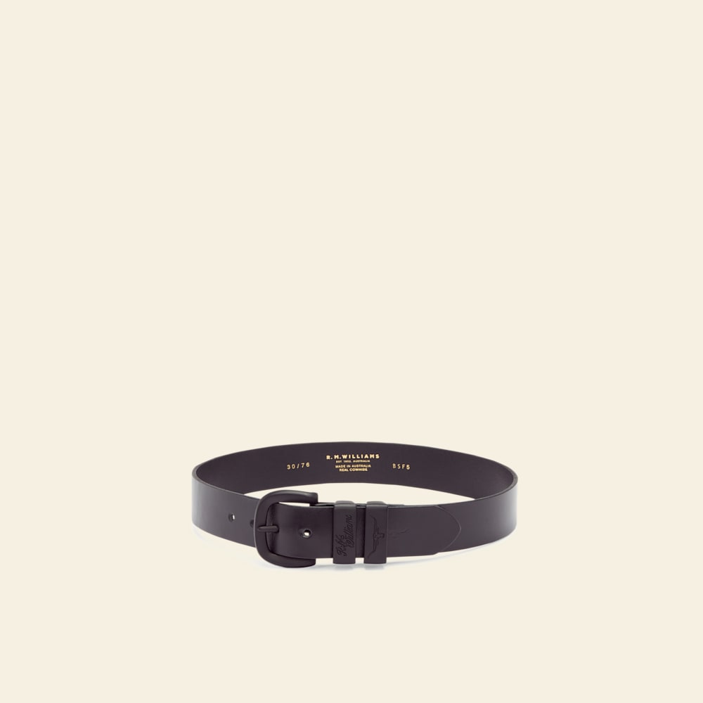R.M.Williams Black Drover Leather Belt with Matte Black Buckle - Durable Cowhide