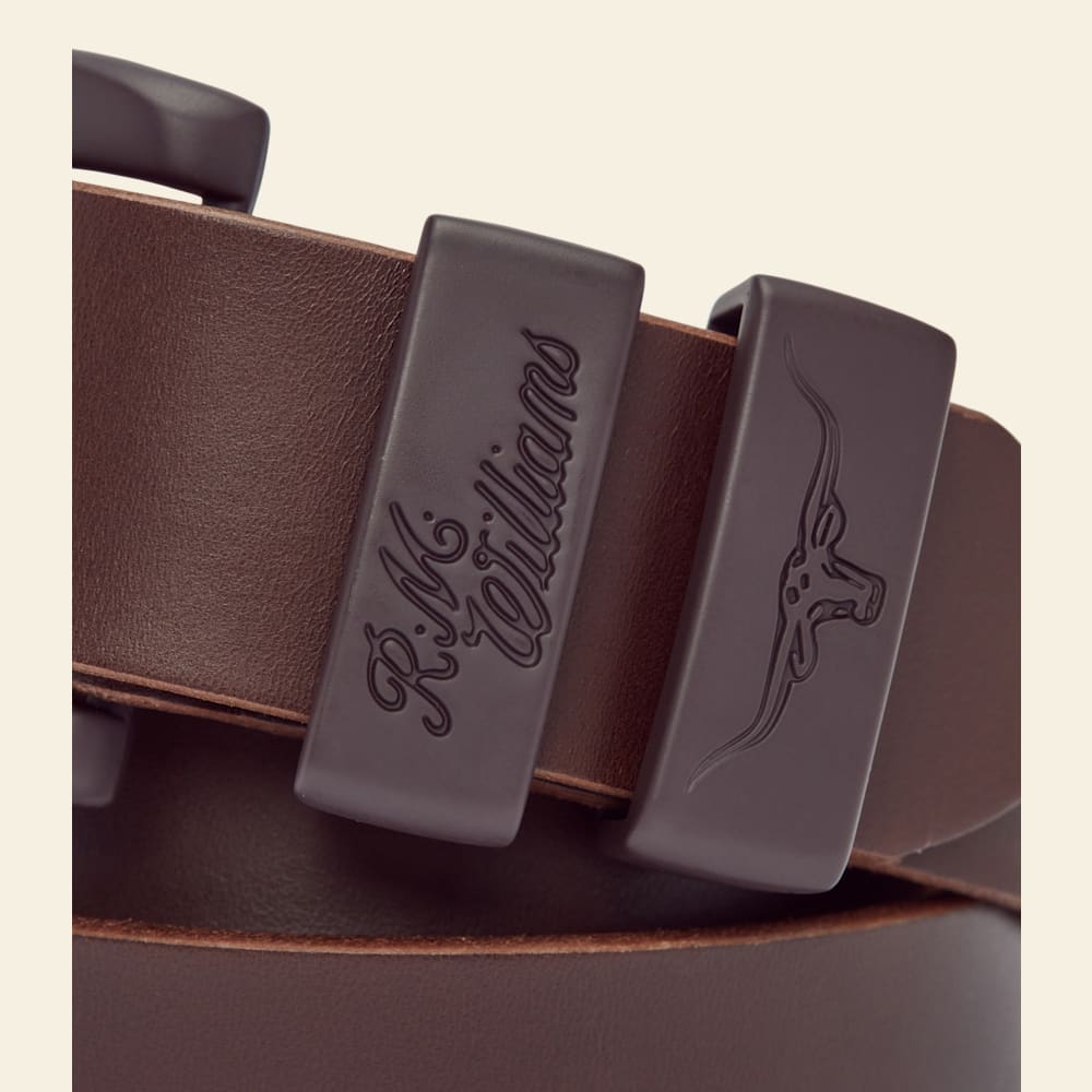 R.M.Williams Chocolate Drover Belt: Durable Cowhide Leather, Engraved Buckle