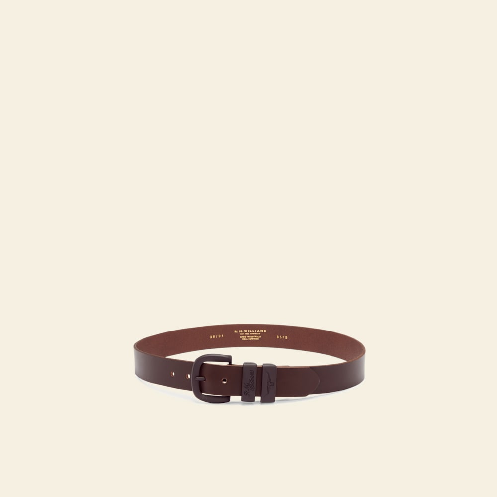 R.M.Williams Chocolate Drover Belt: Durable Cowhide Leather, Engraved Buckle