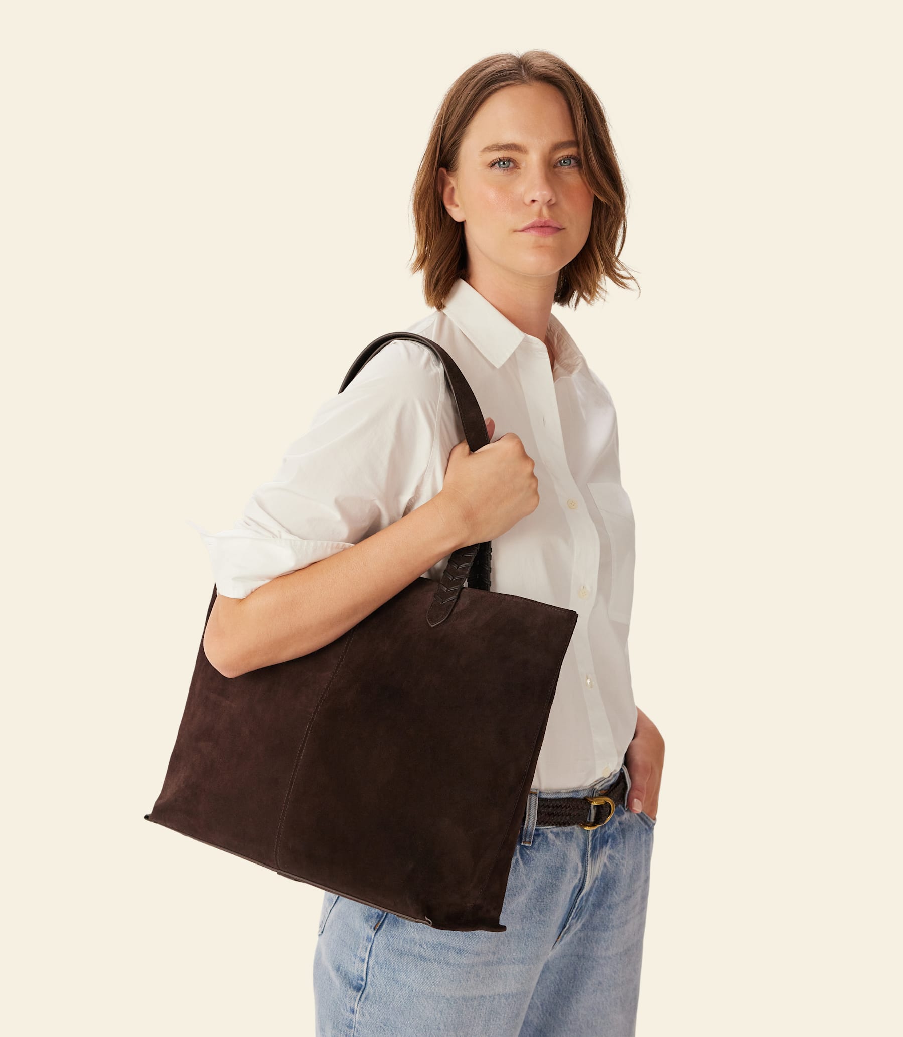 R.M.Williams Elegant Cocoa Suede Bells Tote Bag with Whip Stitch Handles