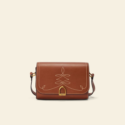 Tan Smooth-Grain Leather Eden Stitched Saddle Bag with Adjustable Strap