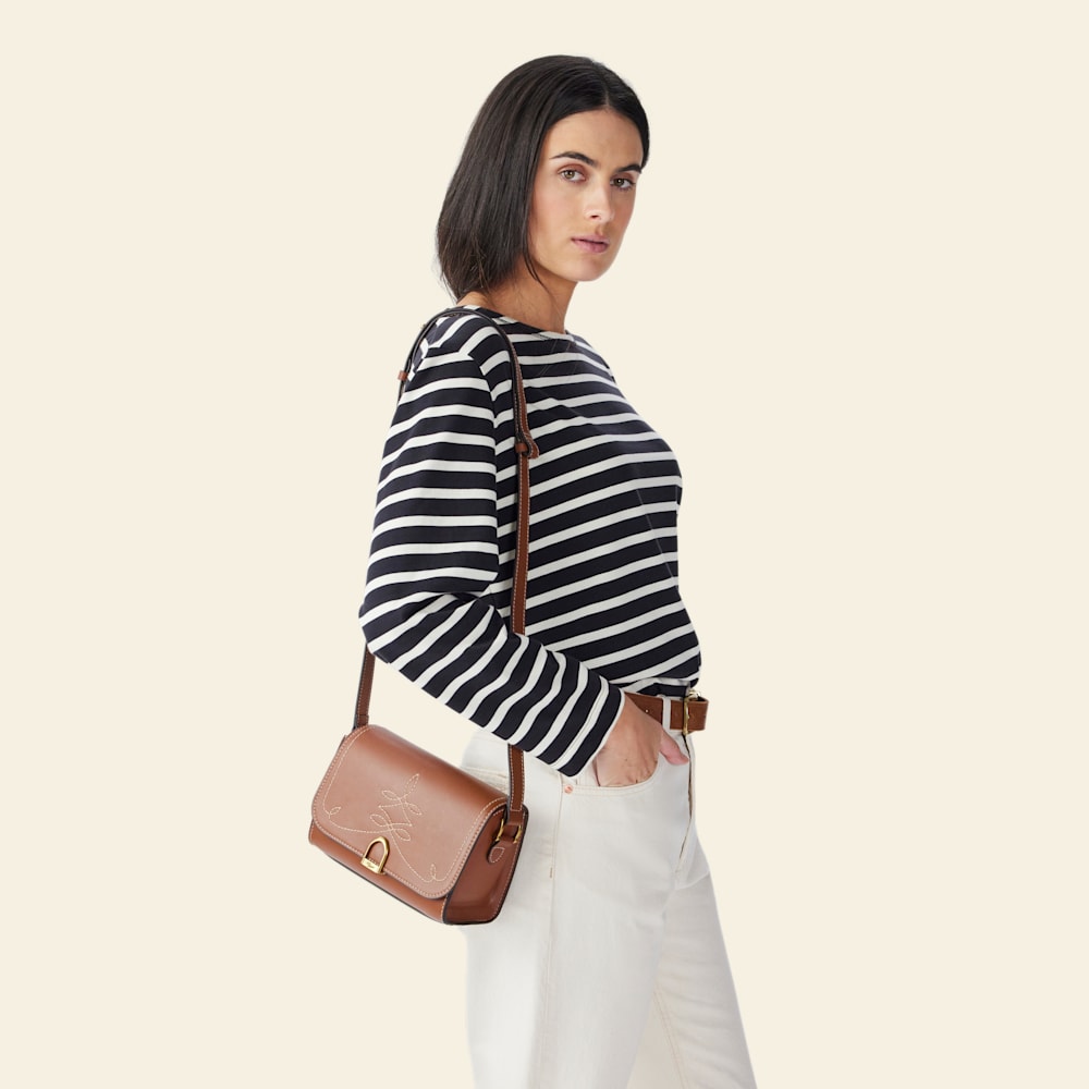 Tan Smooth-Grain Leather Eden Stitched Saddle Bag with Adjustable Strap