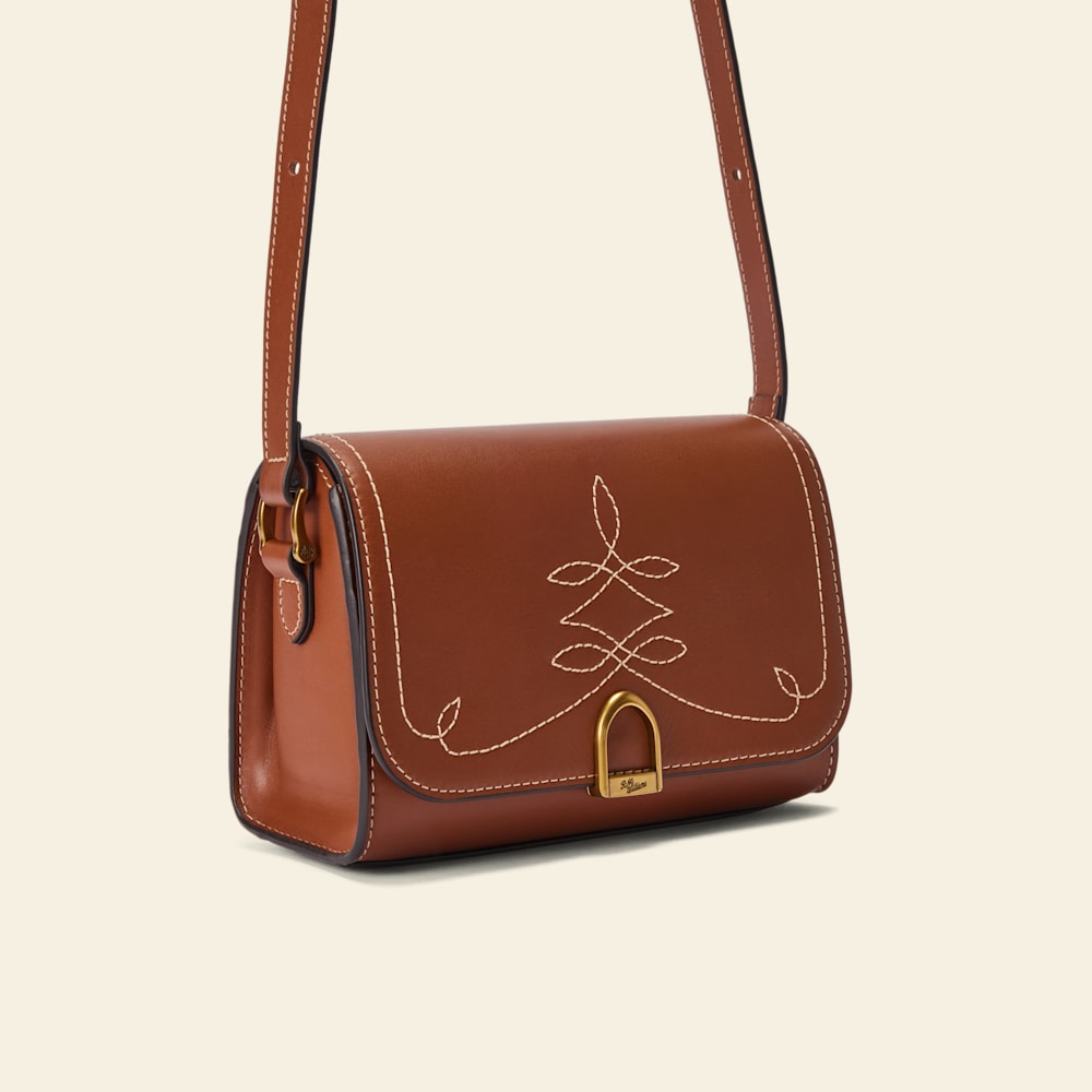Tan Smooth-Grain Leather Eden Stitched Saddle Bag with Adjustable Strap