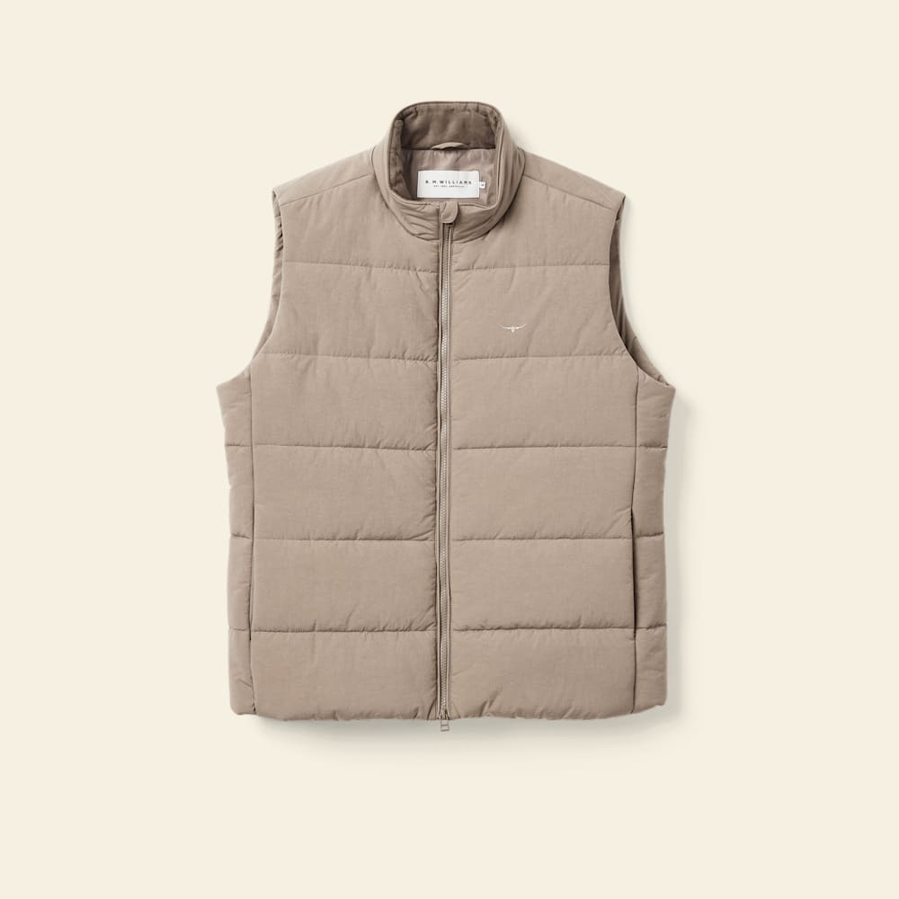 R.M.Williams Padstow Recycled Nylon Puffer Vest - Mud Brown, Functional Warmth