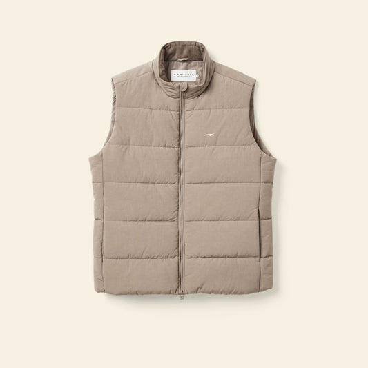 R.M.Williams Padstow Recycled Nylon Puffer Vest - Mud Brown, Functional Warmth