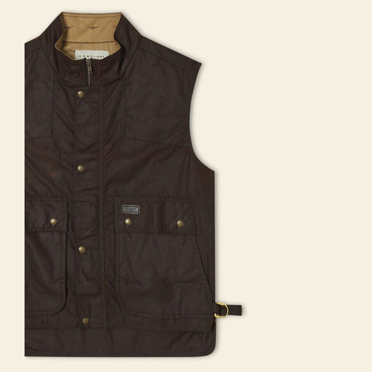 Men's Durable Brown Oilskin Cotton Ringer Vest - R.M.Williams Outdoor Gear