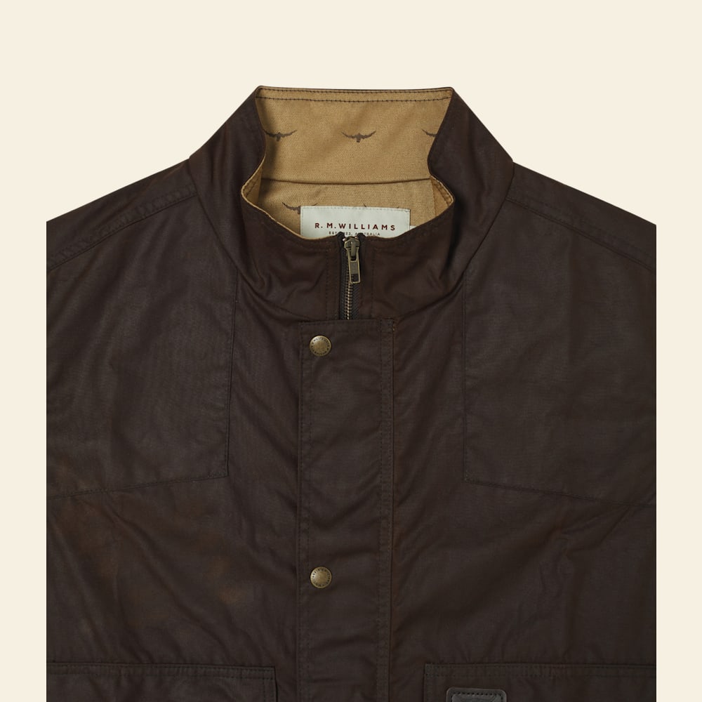 Men's Durable Brown Oilskin Cotton Ringer Vest - R.M.Williams Outdoor Gear