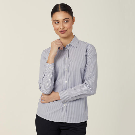 NNT Women's Avignon Fine Stripe Stretch Long Sleeve Work Shirt Grey/White
