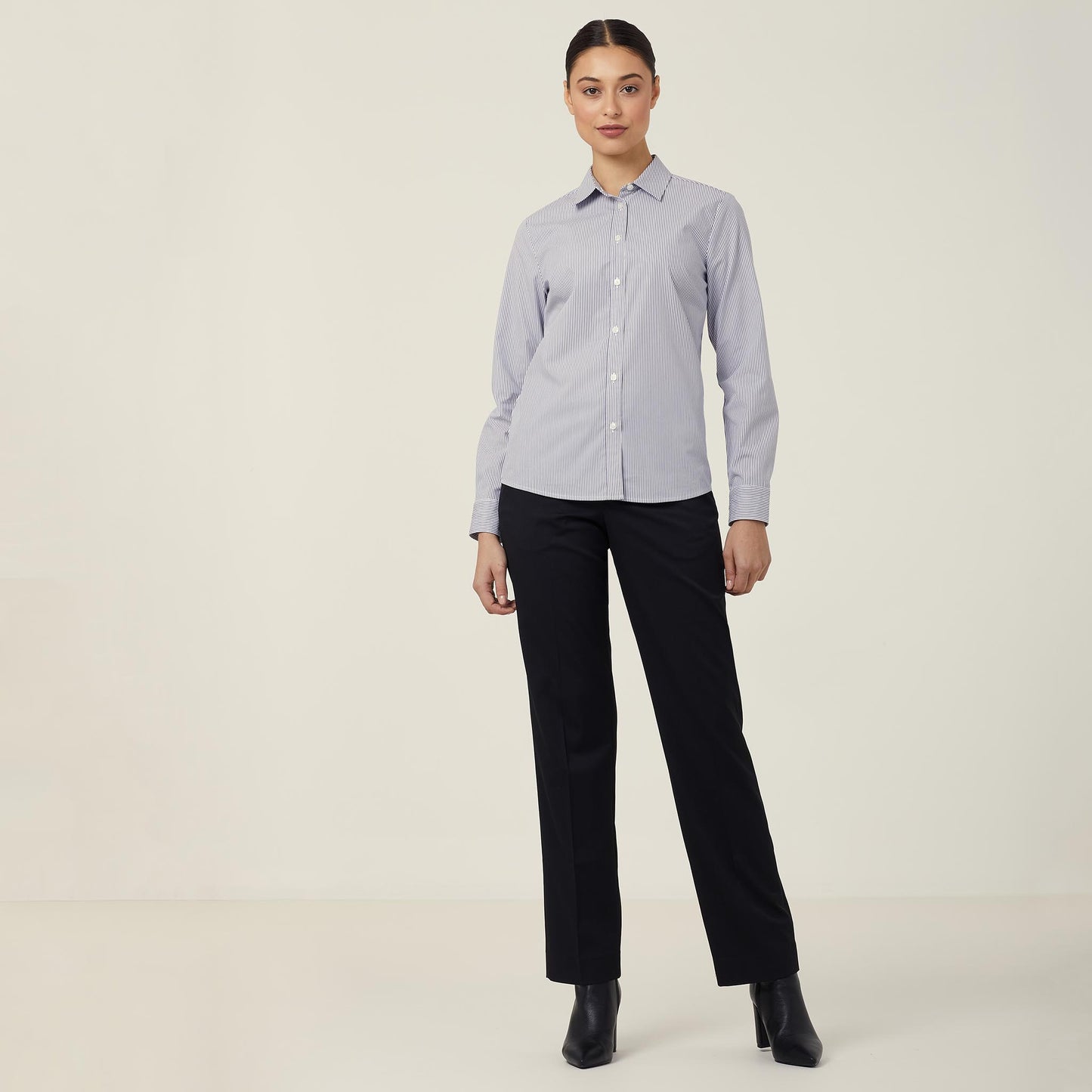 NNT Women's Avignon Fine Stripe Stretch Long Sleeve Work Shirt Grey/White