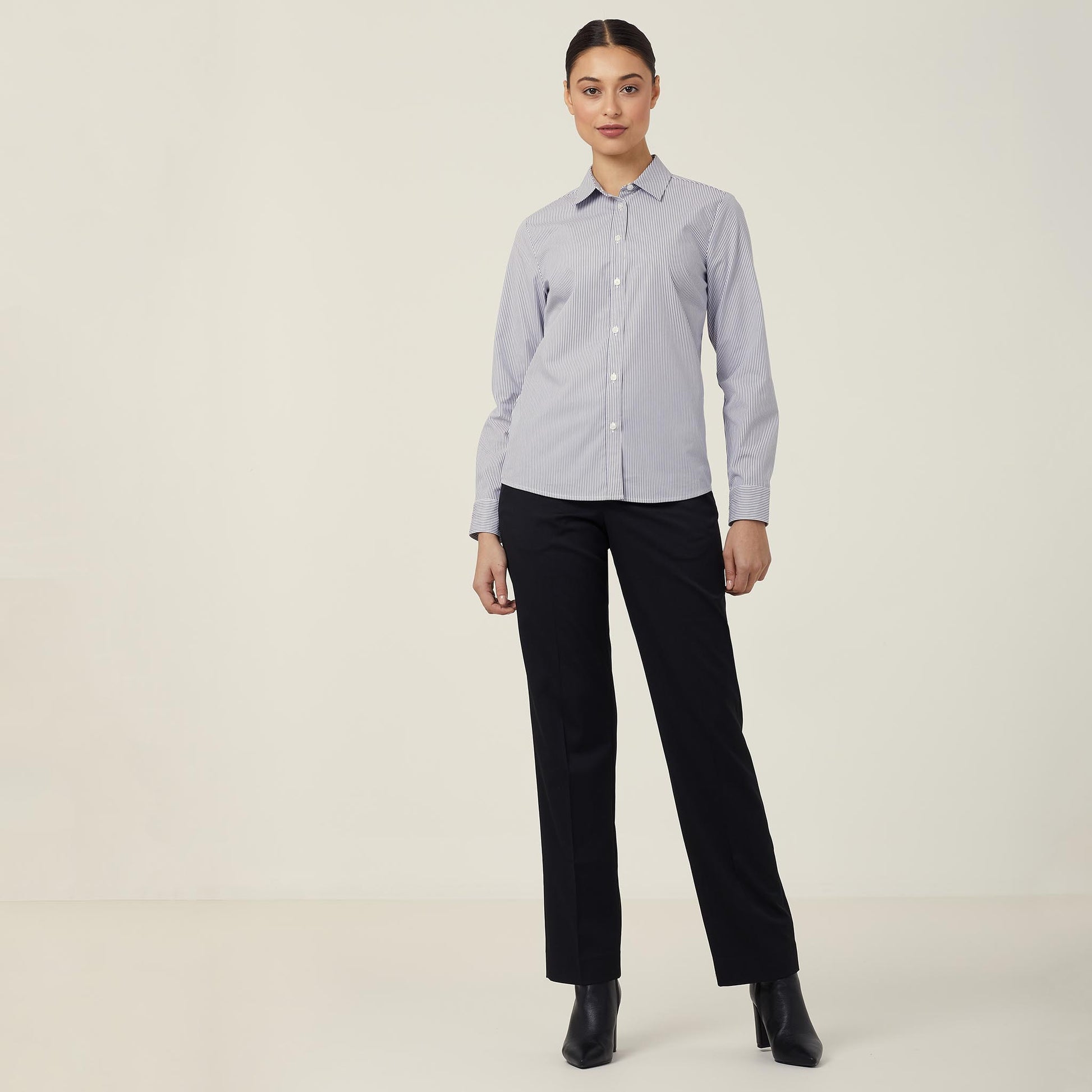 NNT Women's Avignon Fine Stripe Stretch Long Sleeve Work Shirt Grey/White