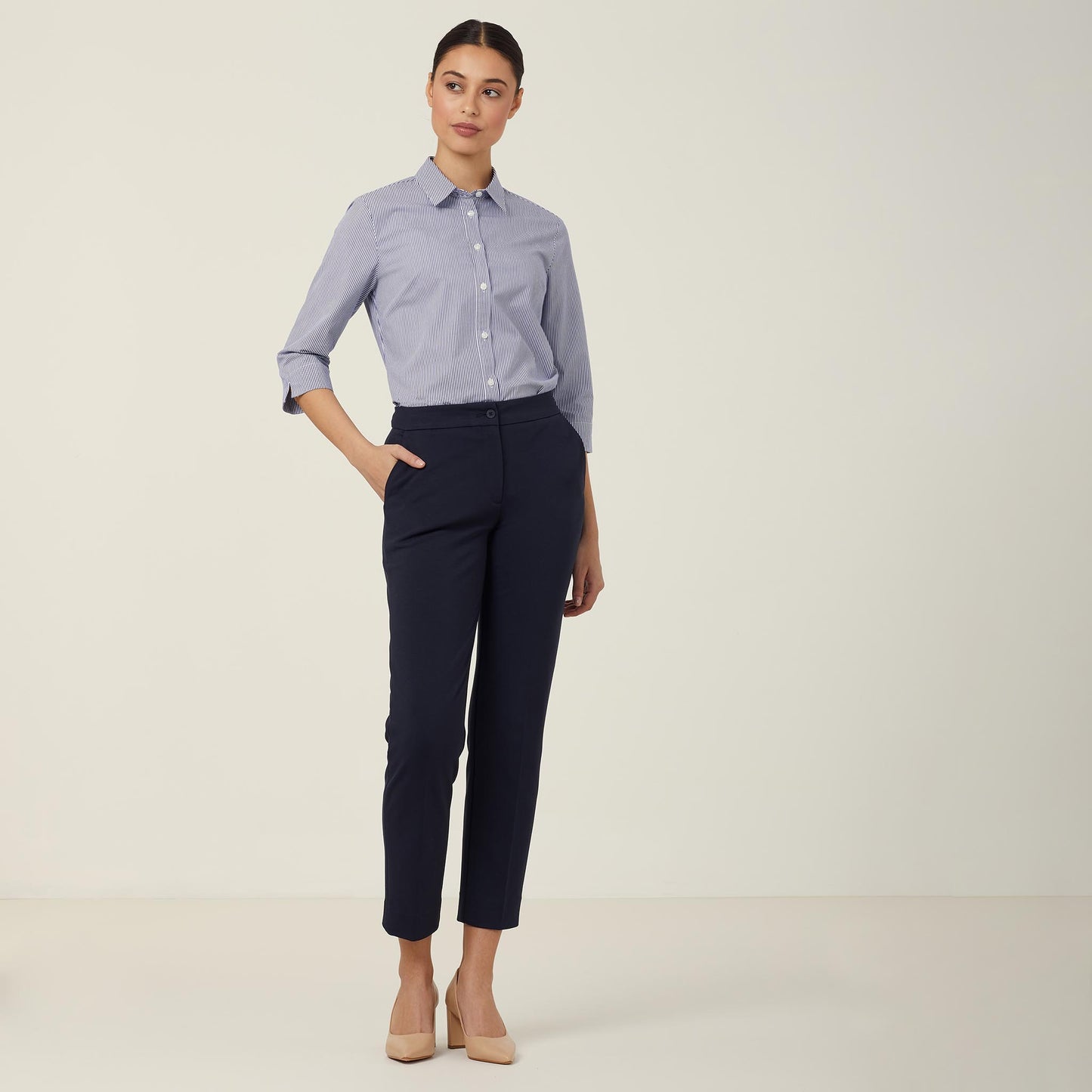 NNT Women's Avignon Stripe 3/4 Sleeve Shirt: Stretch, Eco-Friendly, Navy/White