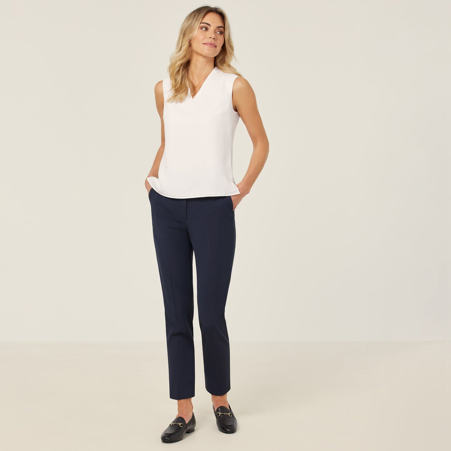 Elegant Women's White Satin Back Crepe Sleeveless Blouse - Easy-Care Silk-Feel Top